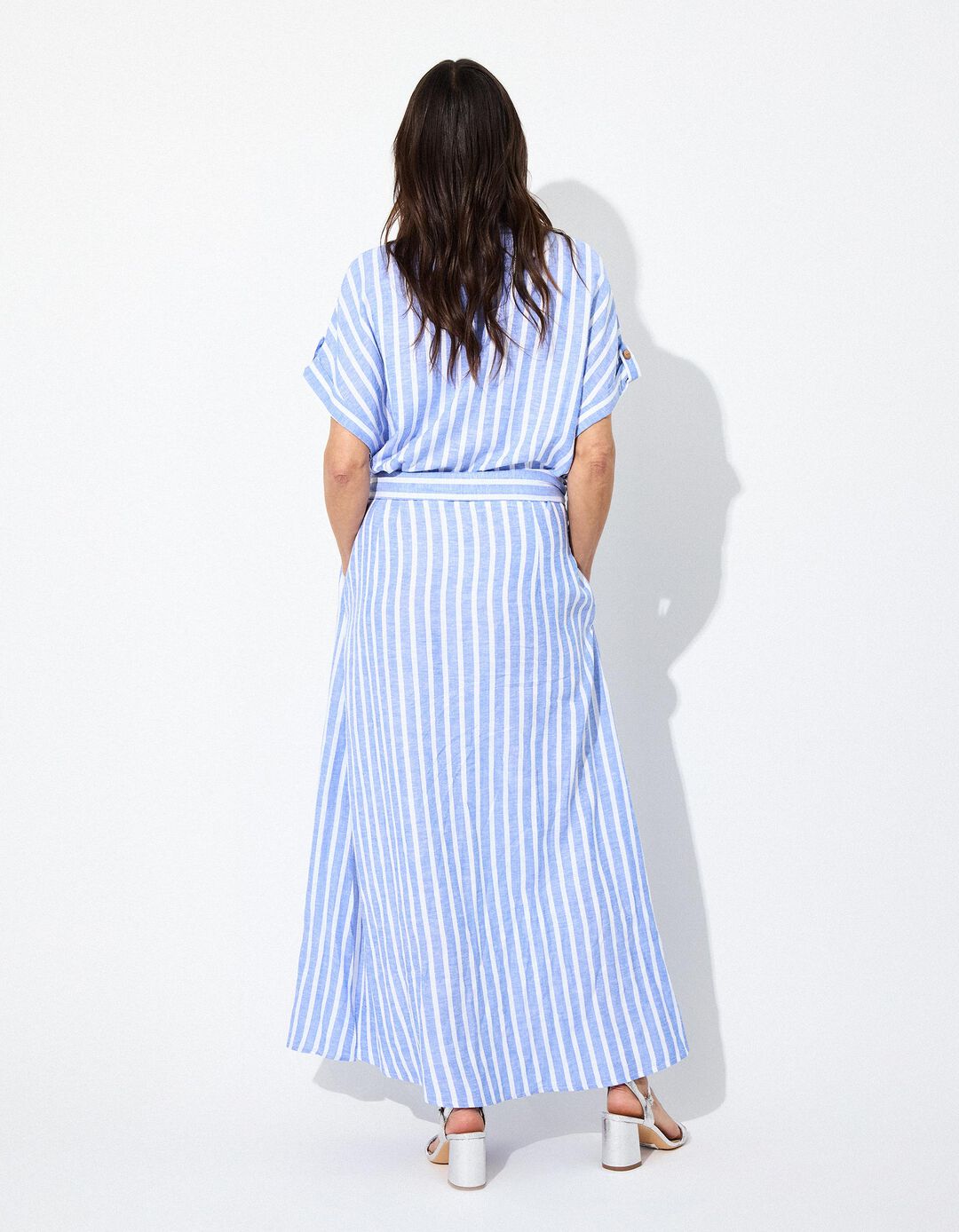 Vestido de Riscas com Linho, Mulher, Branco 