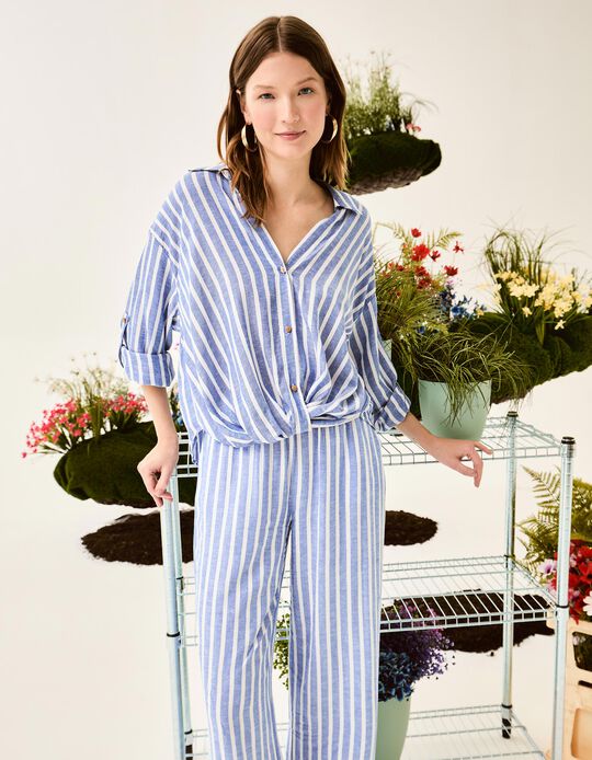 Comprar Online Blusa Riscas com Linho, Mulher, Azul