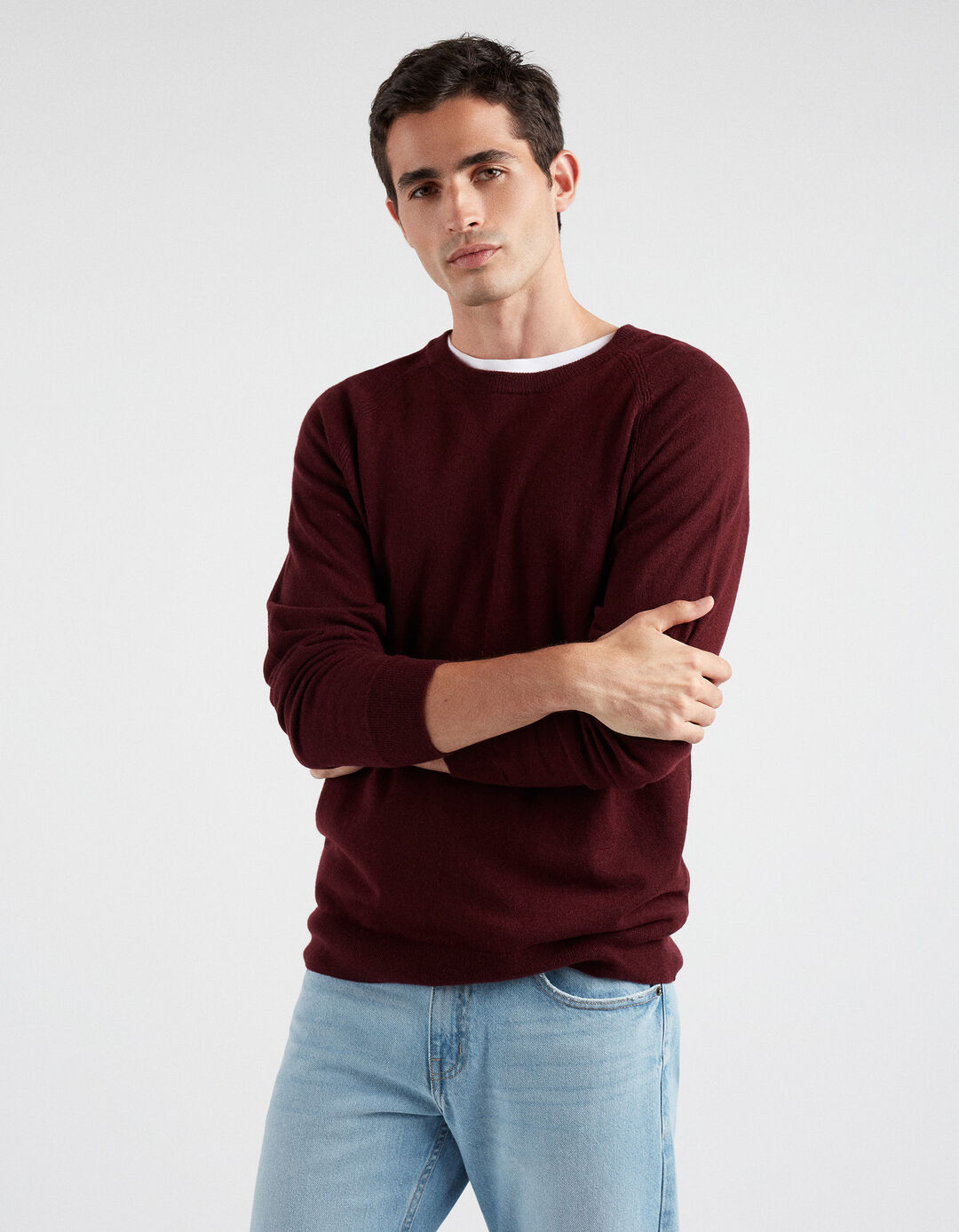 Round Neck Wool and Cashmere Blend Sweater, Men, Dark Red