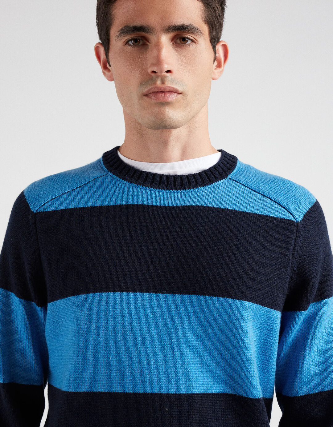 Striped Knit Sweater Wool Blend, Men, Dark Blue