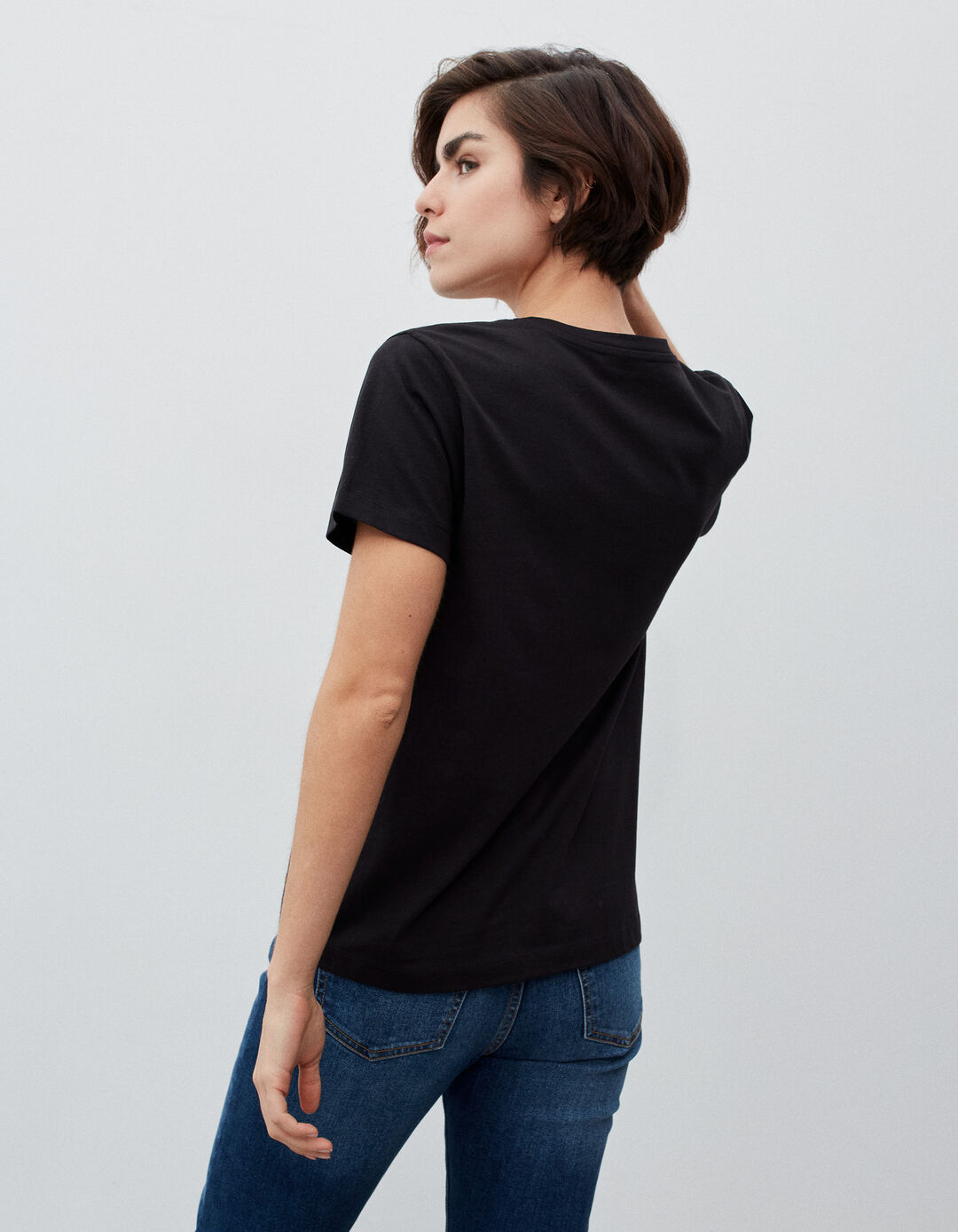 V Neckline T-shirt, Women, Black